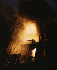 Bessemer converter (iron into steel), Allegheny Ludlum Steel[e] Corp., Brackenridge, Pa., (1941?). Creator: Alfred T Palmer