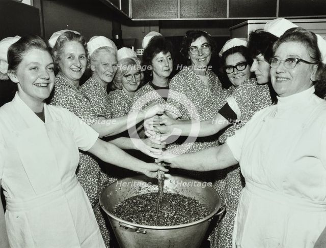 Bessemer Grange School, Camberwell, London: kitchen staff make Christmas puddings, 1970. Creator: Unknown.