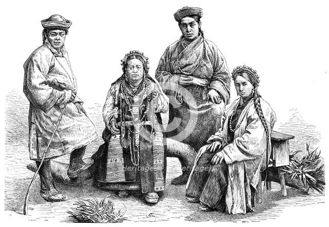 Bhutia (Bhutanese) costumes, 1895.Artist: Pranishnikoff