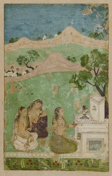 Bhairavi Ragini (a musical mode): three figures before a shrine, ca. 1725. Creator: Unknown