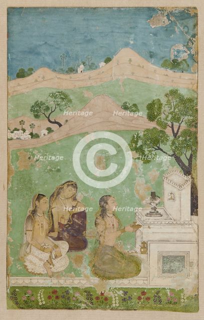 Bhairavi Ragini (a musical mode): three figures before a shrine, ca. 1725. Creator: Unknown.
