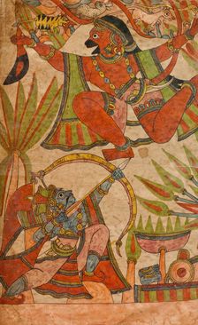 Bharata Shoots at Hanuman as He Flies Over with the Medicinal Herbs (recto)..., c1850. Creator: Unknown