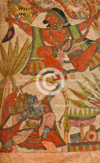 Bharata Shoots at Hanuman as He Flies Over with the Medicinal Herbs (recto)..., c1850. Creator: Unknown.