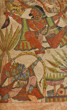 Bharata Shoots at Hanuman as He Flies Over with the Medicinal Herbs (recto)..., c1850. Creator: Unknown