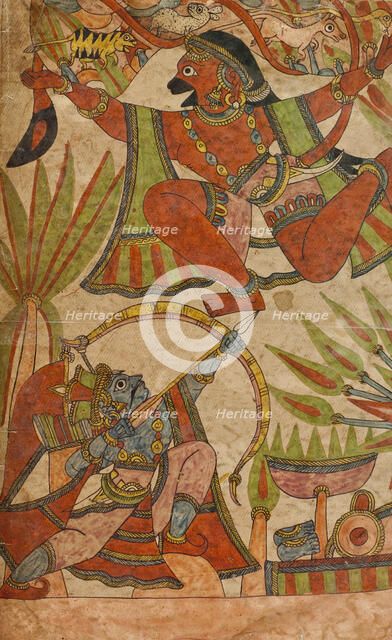 Bharata Shoots at Hanuman as He Flies Over with the Medicinal Herbs (recto)..., c1850. Creator: Unknown.