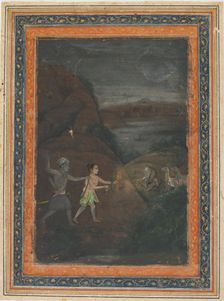 Bhils hunting deer at night, 18th century. Creator: Unknown