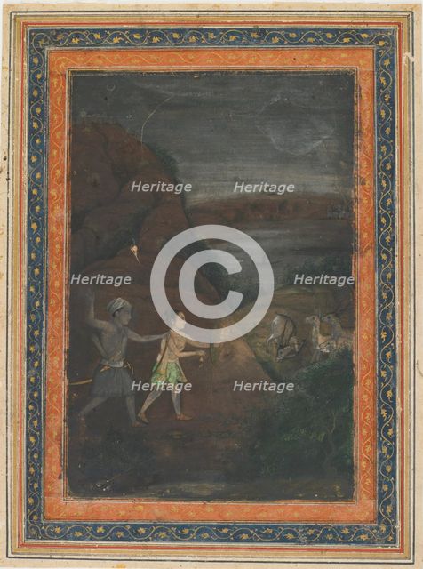 Bhils hunting deer at night, 18th century. Creator: Unknown.