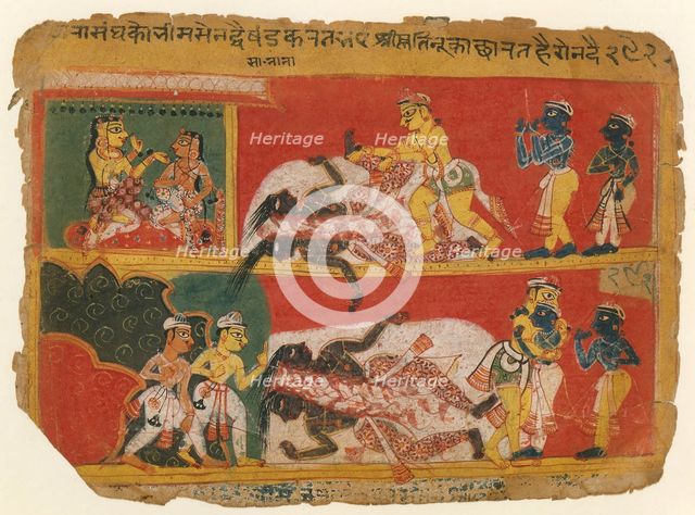 Bhima Slays Jarasandha: Page from a Bhagavata Purana Manuscript, ca. 1540. Creator: Unknown.