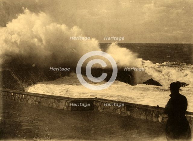 'Biarritz - Effet de vague a la digue du Rocher de la Vierge, c1930. Creator: Unknown.