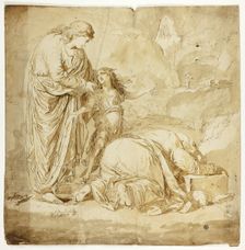 Biblical Scene with Two Women and Child in Foreground, n.d. Creator: Unknown