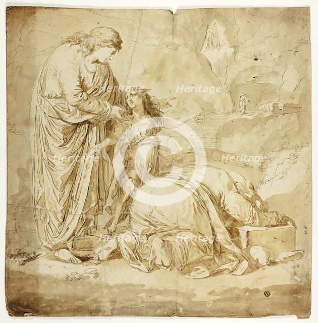 Biblical Scene with Two Women and Child in Foreground, n.d. Creator: Unknown.