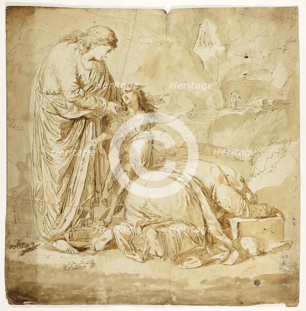 Biblical Scene with Two Women and Child in Foreground, n.d. Creator: Unknown.