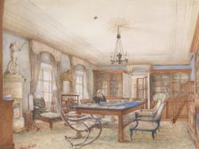 Biedermeier interior with a man sitting at a table, 1846