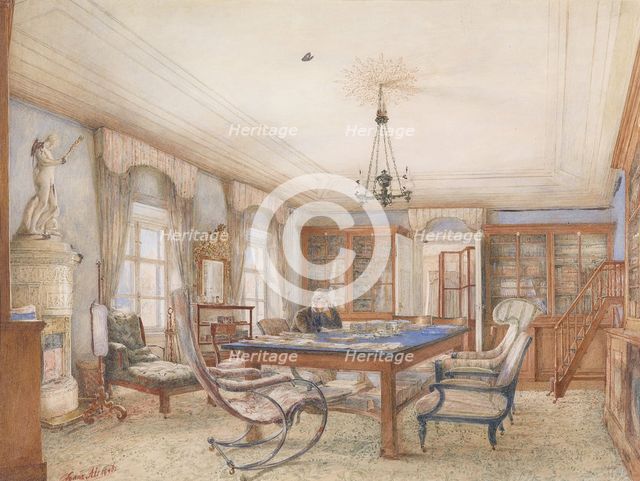 Biedermeier interior with a man sitting at a table, 1846.