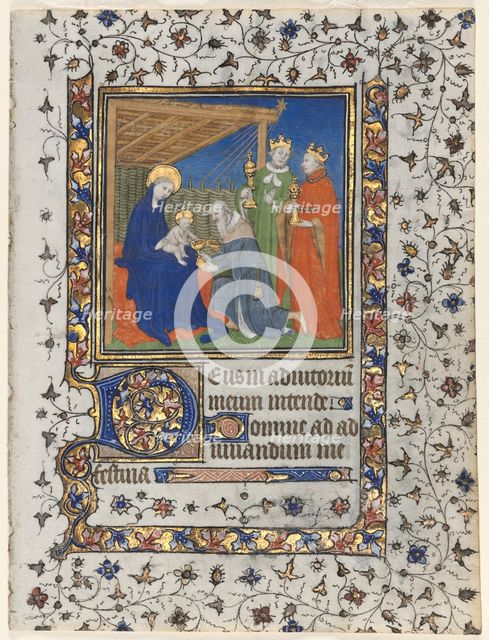 Bifolio from a Book of Hours: Adoration of the Magi, c. 1415. Creator: Boucicaut Master (French, Paris, active about 1410-25), workshop of.