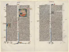 Bifolium from a Bible: Initial E[t factum est] with Ezekiel, c. 1290. Creator: Unknown