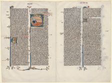 Bifolium from a Bible: Initial E[t factum est] with Ezekiel, c. 1290. Creator: Unknown
