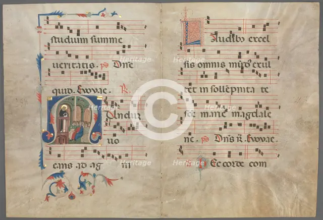 Bifolium from an Antiphonary: Initial M with Saint Dominic Preaching, c. 1320-1340. Creator: Primo Miniatore di San Domenico (Italian).