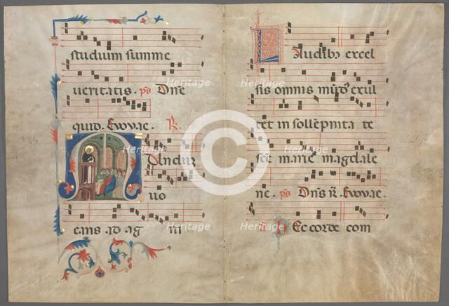 Bifolium from an Antiphonary: Initial M with Saint Dominic Preaching, c. 1320-1340. Creator: Primo Miniatore di San Domenico (Italian).