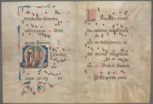 Bifolium from an Antiphonary: Initial M with Saint Dominic Preaching, c. 1320-1340. Creator: Primo Miniatore di San Domenico (Italian)