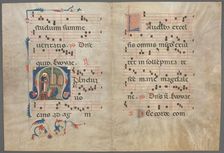 Bifolium from an Antiphonary: Initial M with Saint Dominic Preaching, c. 1320-1340. Creator: Primo Miniatore di San Domenico (Italian)