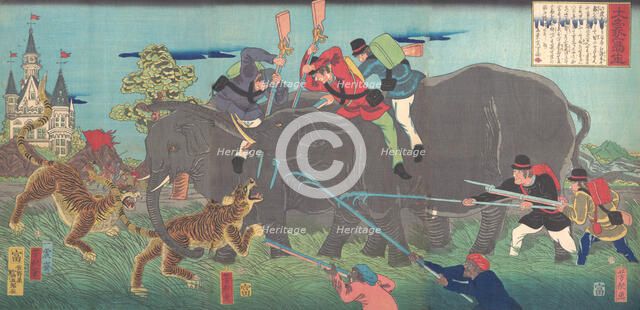 Big Elephants Being Attacked, 2nd month, 1863., 2nd month, 1863. Creator: Isshinsai Yoshikata.