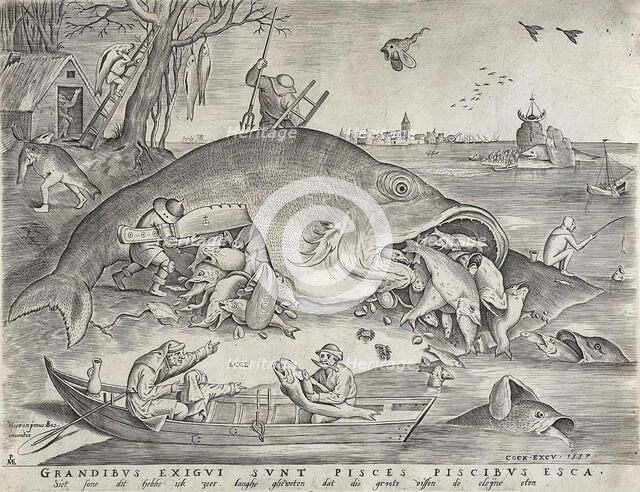 Big Fish Eat Little Fish, published 1557. Creator: Pieter van der Heyden.