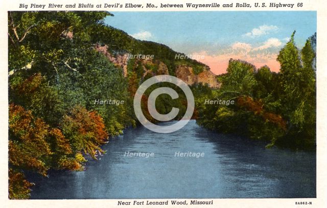 Big Piney River and Bluffs at Devil's Elbow, Missouri, USA, 1938. Artist: Unknown