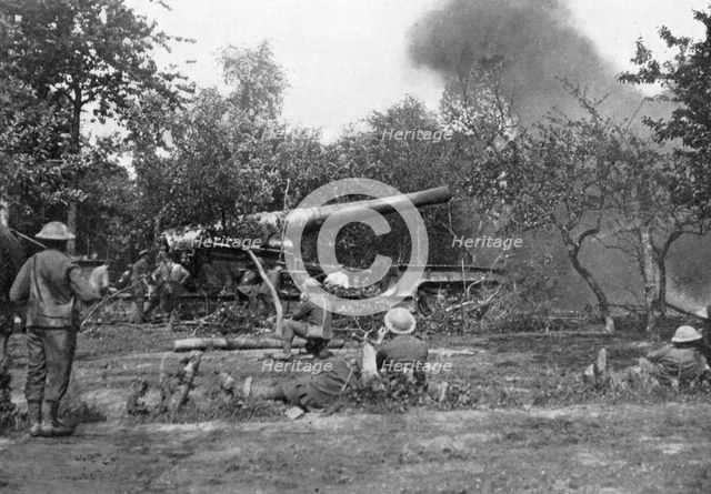 Big railway gun firing during the advance in the west, First World War, 1914-1918, (c1920). Artist: Unknown