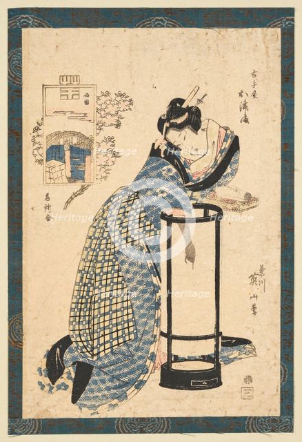 Bijin in front of a Maruandon, dressed in yukata. Creator: Eizan, Kikukawa (1787-1867).