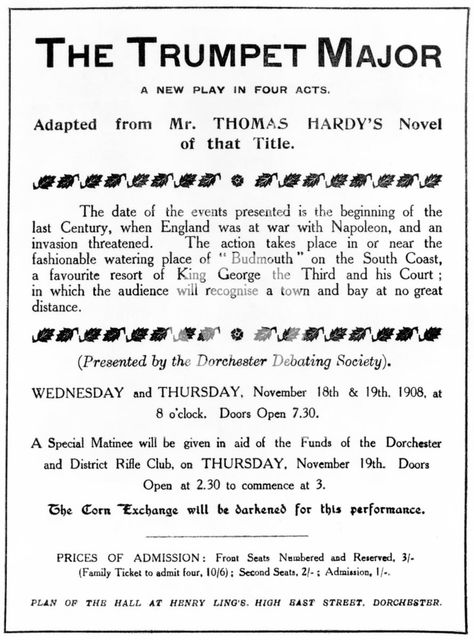 Bill advertising a performance of Thomas Hardy's "The Trumpet Major", 1908. Creator: Unknown.