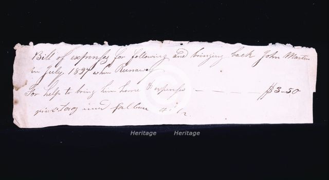 Bill for $3.50 for return of runaway slave, July 1827. Creator: Unknown.