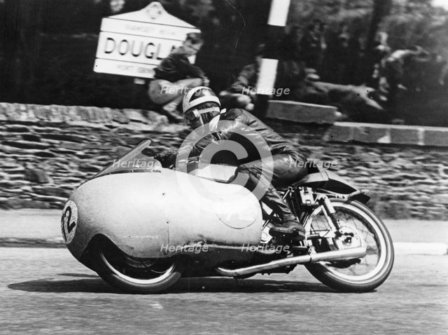 Bill Lomas at Governor's Bridge, Isle of Man Junior TT, 1955. Artist: Unknown