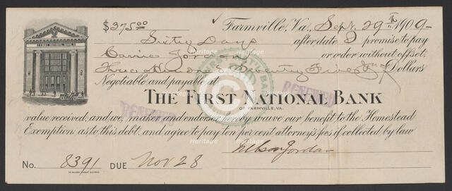 Bill of exchange between Carrie Jordan and Nelson Jordan, September 29, 1909. Creator: Unknown.