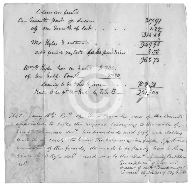 Bill of sale of slaves to settle estate debt. Top of letter says "Coleman Fund(?)", 1845-01-15. Creator: Unknown.