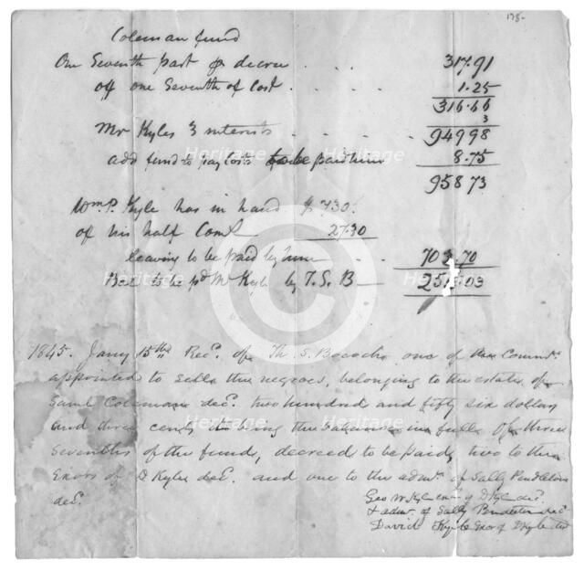 Bill of sale of slaves to settle estate debt. Top of letter says "Coleman Fund(?)", 1845-01-15. Creator: Unknown.