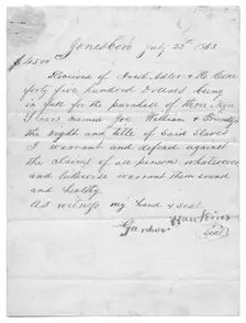 Bill of sale for 3 slaves sold to Jacob Adler in Jonesboro for $4500, 1863-07-25. Creator: Unknown