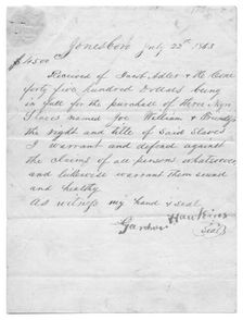 Bill of sale for 3 slaves sold to Jacob Adler in Jonesboro for $4500, 1863-07-25. Creator: Unknown