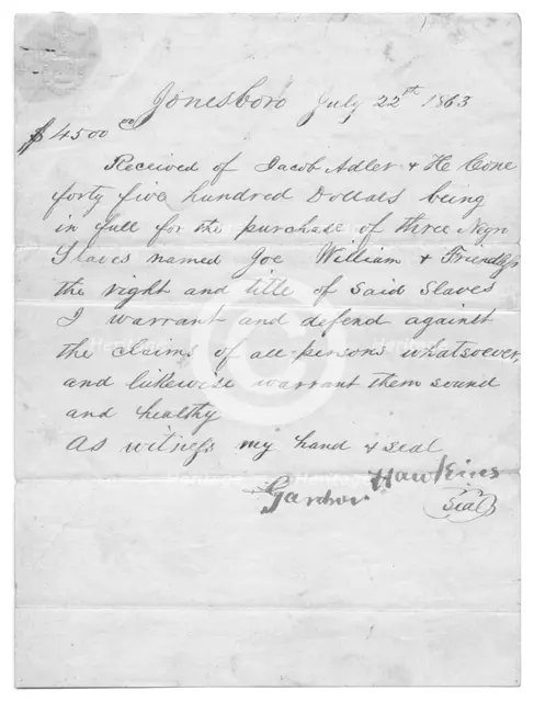 Bill of sale for 3 slaves sold to Jacob Adler in Jonesboro for $4500, 1863-07-25. Creator: Unknown.