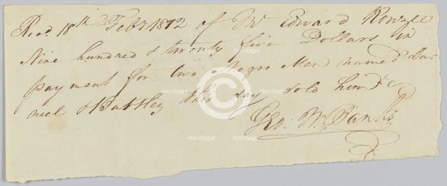Bill of sale for two men, Daniel and Bartley, to Edward Rouzee, February 18, 1812. Creator: Unknown.