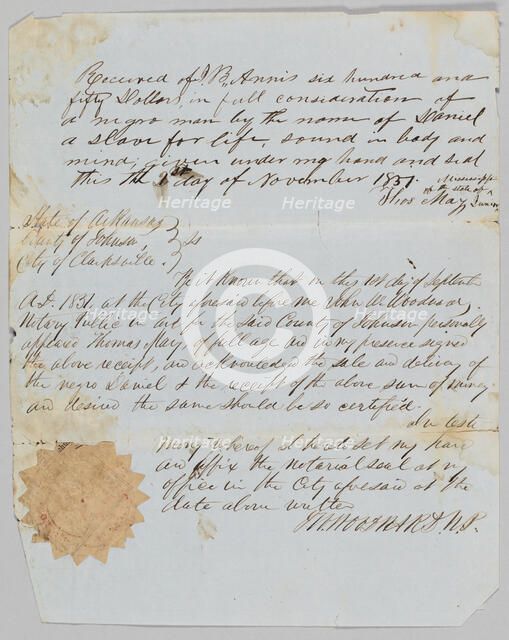 Bill of sale for a man named Daniel to Jerome B. Annis, November 1, 1851. Creator: Thomas May.