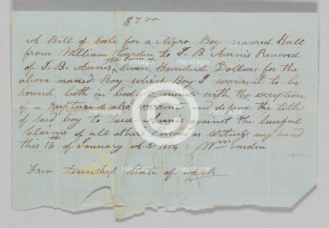 Bill of sale for a boy named Hall to Jerome B. Annis, January 16, 1854. Creator: William Cardin.