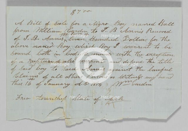 Bill of sale for a boy named Hall to Jerome B. Annis, January 16, 1854. Creator: William Cardin.