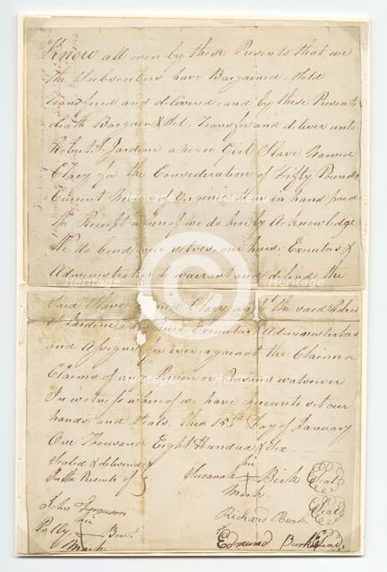 Bill of sale for a girl named Clary purchased by Robert Jardine for 50 pounds, January 15, 1806. Creator: Unknown.
