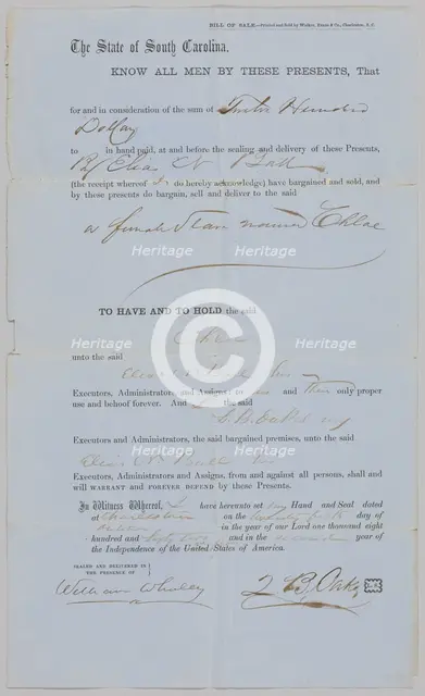 Bill of Sale for Chloe from Z. B. Oakes to Elias N. Ball, October 25, 1862. Creator: Walker, Evans & Co.