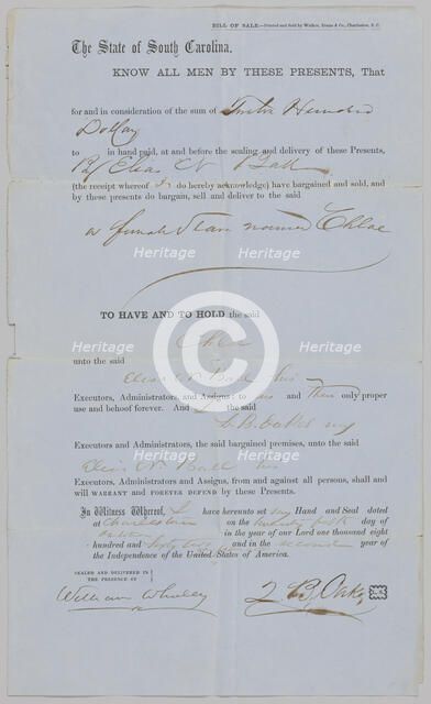 Bill of Sale for Chloe from Z. B. Oakes to Elias N. Ball, October 25, 1862. Creator: Walker, Evans & Co.