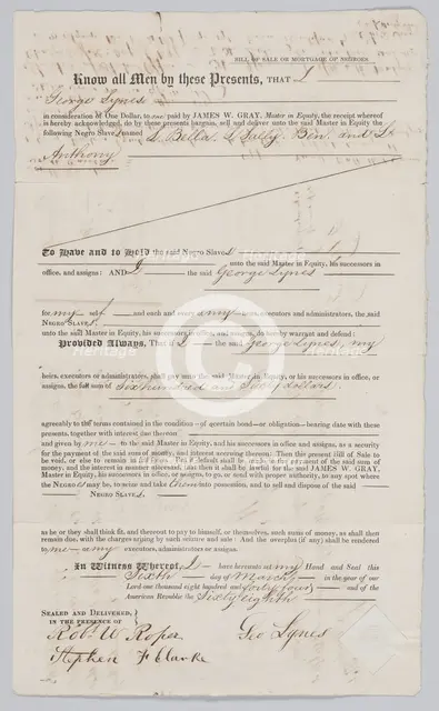 Bill of sale for four enslaved persons in Charleston, South Carolina, 1844. Creator: Unknown.