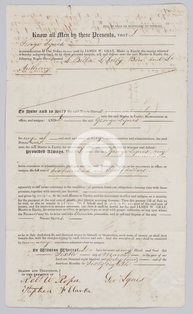 Bill of sale for four enslaved persons in Charleston, South Carolina, 1844. Creator: Unknown.