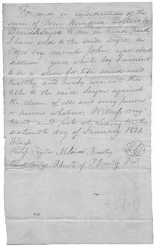Bill of sale for John, 16 yr old boy for $400, 1821. Creator: Unknown