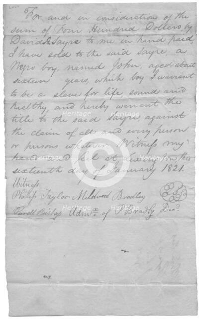 Bill of sale for John, 16 yr old boy for $400, 1821. Creator: Unknown.